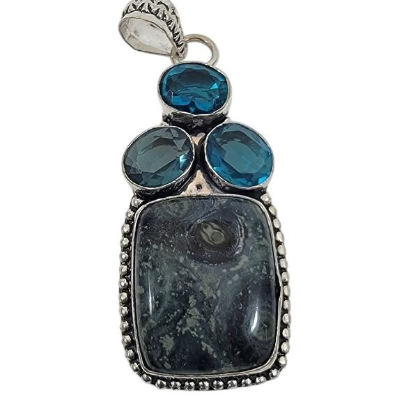 Handmade Silver Pendant with Kambaba Jasper and Blue Topaz Trio - Picture 1 of 10